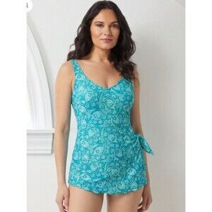 Roxanne Bra Sized V-Neck Sarong One Piece Swimsuit Swim Dress 10 Teal Floral